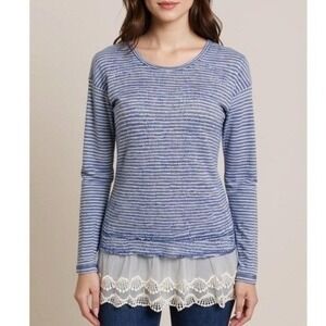 JOLT Tunic Blouse • Sheer Double Layer • Lace Trim • Blue Stripe • XS Feminine